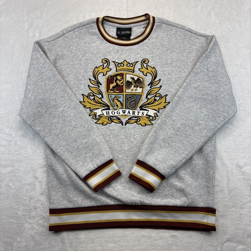 Harry Potter Hogwarts Crest Embroidered Sweatshirt SM Cottagecore Fandom Gray